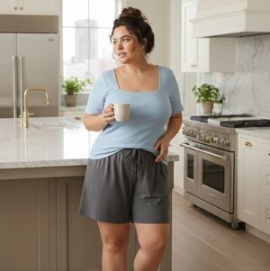 Blue Short Sleeve Shirt Ribbed Square Neck Curvy Plus size 3X Top Stretch Comfy